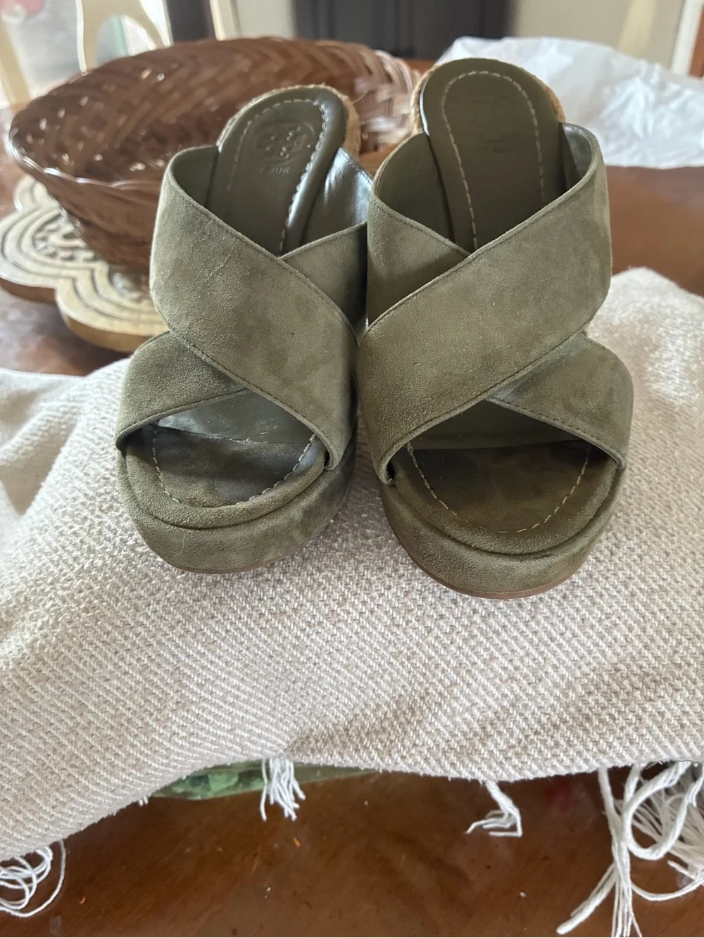 Tory Burch Olive Suede Crisscross Espadrille Wedges
